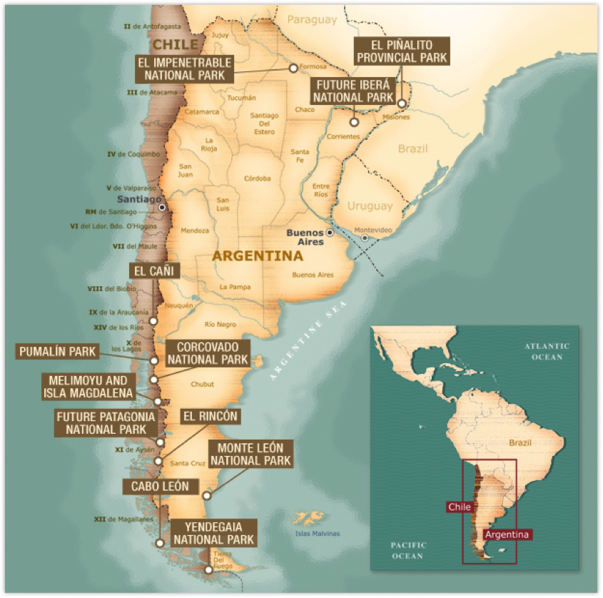 Áreas protegidas por los Tompkins en Argentina y Chile. Credito: Tompkins Conservation.