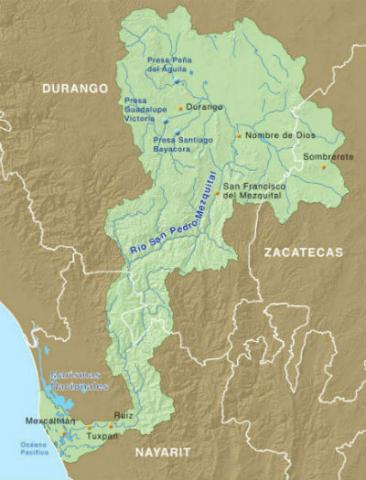 Mapa: Demarcación de la cuenca del San Pedro Mezquital. Fuente: WWF México Mapa: Demarcación de la cuenca del San Pedro Mezquital. Fuente: WWF México