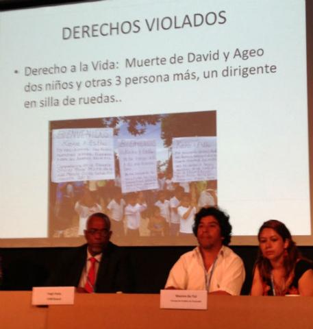 Foto: Máximo Ba Tiul expone el caso de la hidroeléctrica Santa Rita en un evento de la COP20. Crédito: AIDA.